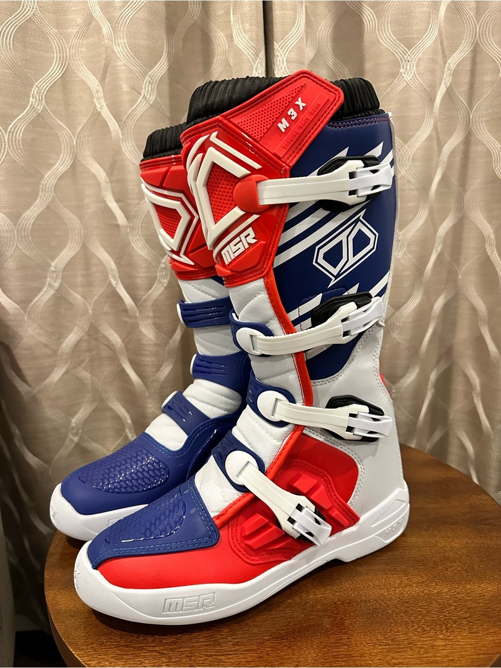 MSR M3X Men’s Motocross Boots in Red, White, and Blue, Size 12 like new!